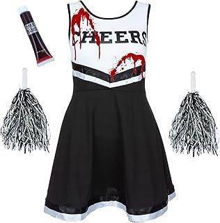 Kids Zombie Cheerleader Costume with Pom Poms and Fake Blood - Girls Halloween Outfit