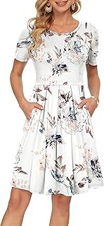 AUSELILY Women's Short Sleeve Pleated Loose Swing Casual Dress with Pockets Knee Length