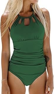 CUPSHE Women's One Piece Swimsuit High Neck Beach Swimwear Ruched Tummy Control Bathing Suit Swimming Costume