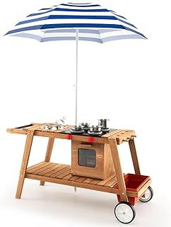 COSTWAY Wooden Mud Kitchen, Outdoor Kitchen Playset with Umbrella, Sink, Storage Cabinet and Accessories, Wheeled Role Pretend Cooking Cart for Kids Toddlers (Natural+Blue)