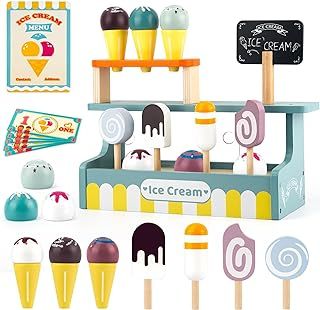 Wooden Ice Cream Set, Ice Cream Toys for Kids, Ice Cream Counter with Ice Cream Scoop and Ice Lollies, Ice Cream Role Play Gift for 3 Year Old Girl