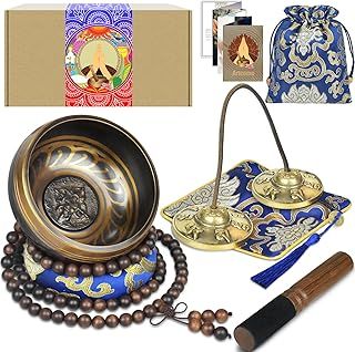 Artcome Tibetan Meditation Set - Singing Bowl and Tingsha Cymbals Handmade in Nepal for Meditation, Yoga, Rest, Relaxation, Chakra Healing, Stress Relief and Mindfulness