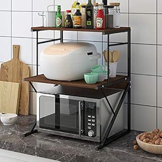 QIHANG-UK 3-Tier Microwave Oven Shelf, Kitchen Counter Storage Baker's Rack, Multifunctional Organizer for Kitchenware, Seasoning Rack (Black)