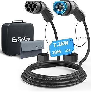 EzGoGo Type 2 Charging Cable, 32A / 7.2kW / 1 Phase / 10 Meter/Mode 3, Type 2 to Type 2 EV Charging Cable Facilitates Fast Charging for Electric Vehicles
