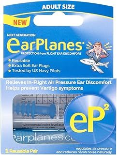 EarPlanes EP2 Ultra-Reusable Earplugs, Airplane Pressure Prevention Earplugs for Adults (1 Pairs)