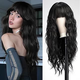 WOKESTAR Long Wavy Natural Black Wigs for Women, Heat Resistant Natural Hair with Fringe