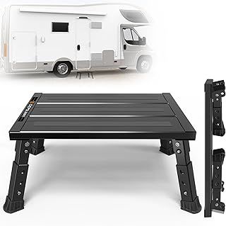 DEPSUNNY Adjustable Height Aluminum RV Step, Stable Foldable Platform Step Stool, Supports Up to 1,000 lb, Non-Slip Rubber Feet and Platform Mat, Easy to Carry,Black