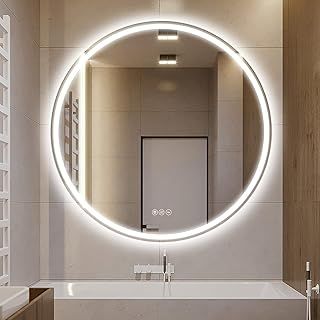 500mm Round Bathroom LED Mirror Illuminated Backlit Bathroom Circle Mirror with LED Lights for Wall Touch Switch Demister 3 LED Light Color Dimmable