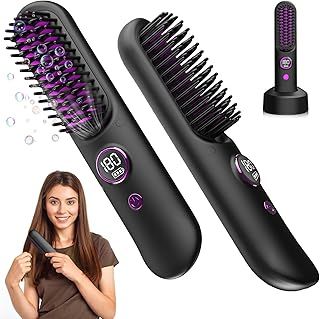 Geegear Cordless Hair Straightener Brush, Portable Mini Hair Straightening Comb for Travel with Charging Dock 120-200°C Fast Heating USB Rechargeable Ion Heating Smoothing Brush (White)