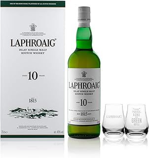 Laphroaig 10 Years Old Double Glass Gift Pack | Scotch | Islay | Single Malt Peated Whisky | Smoky, Salty and Sweet | Gift Box with Two Glasses | 40% ABV | 70cl