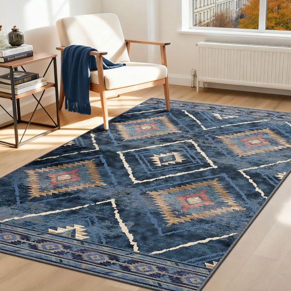 DEFYNEE Machine Washable Rugs Living Room, 90x150 cm Kitchen Rugs Non Slip, Soft Short Pile Vintage Blue Rugs for Bedroom, Moroccan Rug for Hallway, Bedroom, and Kitchen, Blue