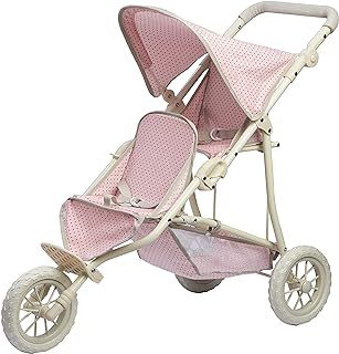 Olivia's Little World Double Jogging-Style Pram for Baby Dolls with Tandem Seating for Dolls and Stuffed Animals with a Retractable Canopy, Storage Basket, All-Terrain Wheels, Cream and Pink with Grey