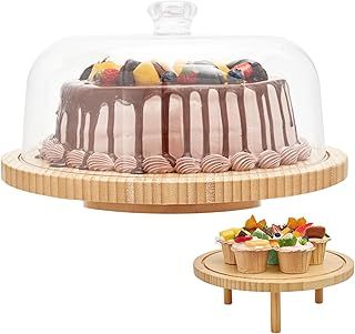 Ohuhu Cake Stand with Dome Lid, Bamboo 2-in-1 Versatile Cake Display Stand Cake Turntable with Lid and Three Detachable Supports for Cake Decoration & Display, Gift for Baking Enthusiast