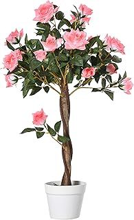 Outsunny 90cm/3FT Artificial Rose Tree, Fake Decorative Plant with Pot, Indoor Outdoor Faux Decoration Home Office Decor, Pink
