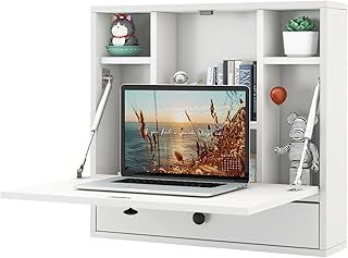 COSTWAY Wall-Mounted Drop-Leaf Table, Space Saving Laptop Computer Desk Workstation, Folding Hanging Table Cabinet with Storage Drawer and Shelves, 60x15x57cm (Black)