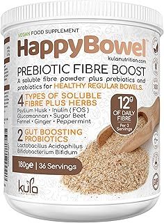 HappyBowel – Prebiotic Soluble Fibre Powder Supplement with Probiotics for Gut Health. Inulin FOS, Psyllium Husk, Glucomannan, Beet, L-Glutamine, Peppermint - 12g High Fiber Drink - 180g (36 Servings)