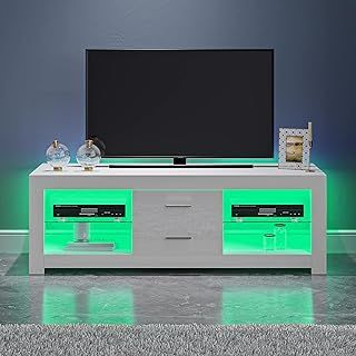Panana TV Stand Cabinet 2 Drawer 2 Glass Shelves LED Lighted TV Cabinet for 22"-55" Flat Screen 4k TVs (White, 120cm)