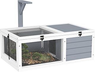 PawHut Tortoise House, Wooden Tortoise Enclosure, Tortoise Habitat with Lamp Holder, 2 Pull Out Trays, Hideaway, Run, for Outdoor & Indoor - Light Grey