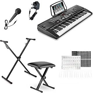 61-Key Digital Keyboard Piano Set for Beginners with Adjustable Keyboard Stand, Padded Piano Stool & Microphone – LCD Display, 128 Timbres & Rhythms, Record Mode, Headphone Jack - Black