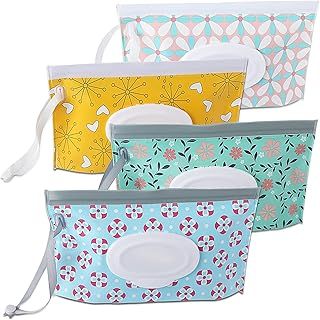 Pack of 4 Wet Wipes Bag for Babies, Wet Wipes Bag for On The Go, Reusable Wet Wipe Bag, Baby Wipe Dispenser, Wet Wipe Bag for Babies Portable (Flowers)