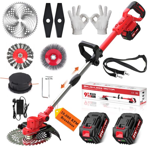 Cordless Strimmer for Makita 18V Battery, 750W Brushless Grass Trimmer with 2 x 4.0Ah Batteries & Fast Charger, 4-in-1 Blade Set for Grass Weeds Garden Strimmer (Red)