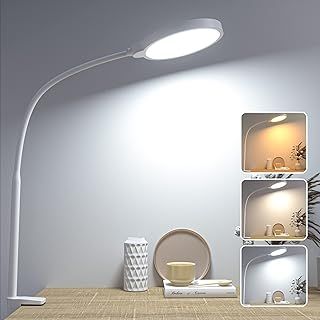 LED Desk Lamp,Dimmable Table Lamp,Gooseneck Desk Lamp for Home,Office,Reading,Study,Drawing,Work,10 Brightness Levels & 3 Color Temperatures,Clip on Lamp,Adjustable Desk Light,White