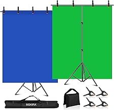 Blue Green Screen Backdrop with Stand Kit, 6.5 X 6.5Ft T-Shaped Adjustable Photo Backdrop Support Stand, 2-in-1 Reversible Blue Greenscreen Background, 4 Clamps, Sandbag