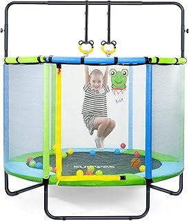 Pukomc Toddler Trampoline for Kids - 5ft Trampoline for Age 1-8 Kids, Small Indoor/Outdoor Baby Trampoline with Enclosure Net,Basketaball Hoop, Foam Pole Covers, Adjustable Gymnastics Bars