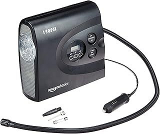 Amazon Basics Compact Portable Air Compressor, Tyre Inflator, Automatic Shut Off with and LED Light, DC 12V, 150 PSI, Black