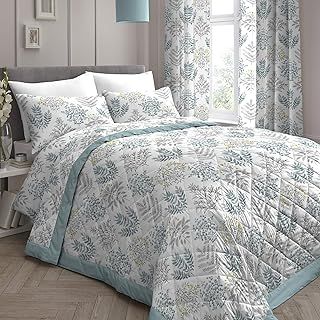 Dreams & Drapes - Duck Egg Floral Fern Bedspread (230cm X 195cm) - Reversible Design - Botanical Leaf Quilted Bedspreads in Duck Egg - Floral Blanket/Bed Cover for Bed - Matching Duvet Cover Available