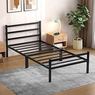 Single Bed Frames with Headboard 3ft Black Metal Small Single Bed Frame with Storage for Adult Teenagers Heavy Duty Non-Slip with Steel Slats No Box Spring Needed