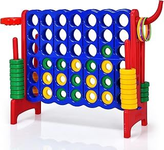 COSTWAY Giant Connect 4, 3-in-1 Indoor Outdoor Family Game with Basketball Hoop, Ring Toss, 42 Jumbo Rings, Quick-Release Slider, Four in A Row Game Set for Kids Adult (Red)