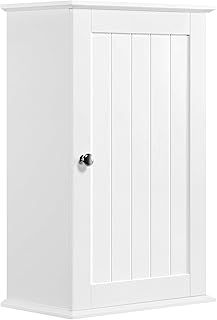 Yaheetech Wall Mounted Kitchen Storage Cabinet Single Door Wooden Cupboard with 3 Tiers Shelves for Bathroom Living Room Hallway, White