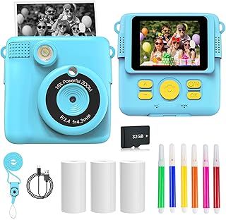 Kids Camera for Girls Boys, Kids Instant Print Camera Toy, 1080P HD Kids Digital Camera with Photo Paper, 6 Colour Pens 32GB SD Card, Birthday Gifts for 3 4 5 6 7 8 9 10 11 12+ Year Old Girl, Blue