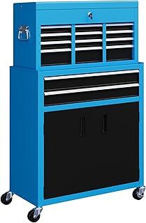 HOMCOM Tool Chest, Metal Tool Cabinet on Wheels with 6 Drawers, Pegboard, Top Chest and Roller Cabinet Combo, 61.6 x 33 x 108cm, Blue