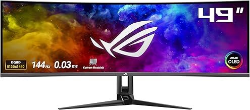ASUS ROG Swift OLED PG49WCD - 49 Inch DQHD Curved Gaming Monitor - 144 Hz, 0.03ms GtG, G-Sync, FreeSync, HDR 400 - QD-OLED Panel, 32:9, 5120x1440, DP DSC, HDMI 2.1, USB Hub, 90W USB-C, Ergonomic