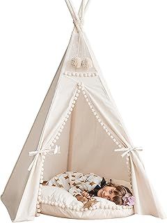 MINICAMP Original Teepee Tent for Kids, Handmade Natural Canvas & Wooden Playhouse for Children & Toddlers, Indoor Sleepover Play Tent for Girls & Boys, Extra-Stable Child Tipi with Pom-Poms