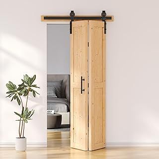 SKYSEN Bifold Sliding Door 4.3FT/132CM Folding Barn Door Hardware Kit with Double 61CM Interior Wooden Door， Closet Rail Roller Black Bifold Door Track Kit