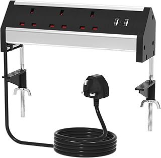 ZYMY Desk Power Socket with 2 USB and 2 Mount Clamp, 3 Plug Socket Desktop Power Strip Extension Lead with USB Slots for Home Office School Black