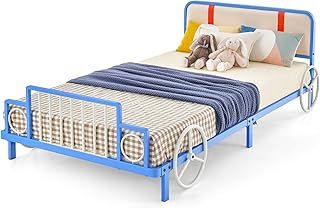 GYMAX Single Kids Bed, Children Platform Bed with Upholstered Headboard & Footboard, Toddler Bed Frame for Girls Boys(Blue Train Shape，203 x 98 x 68cm)