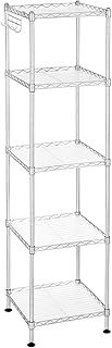 SONGMICS Bathroom Shelf, Metal Storage Rack, Total Load Capacity 100 kg, with 5 PP Sheets, Removable Hooks, 30 x 30 x 123.5 cm, Expandable Design, for Small Space, Silver and Translucent LGR023S01
