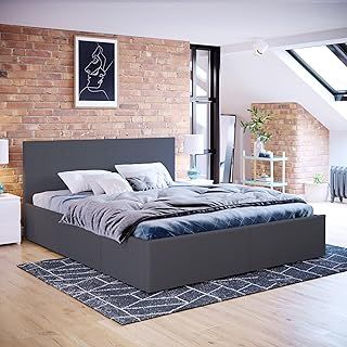 Vida Designs Veronica King Size Ottoman Bed, 5 ft Bed Frame Storage Lift Upholstered Fabric Headboard Bedroom Furniture, Dark Grey Linen