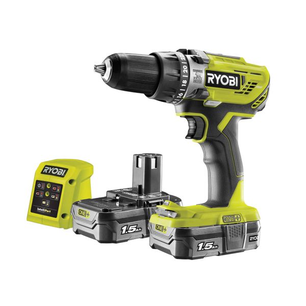 Ryobi R18PD3-215GZ 18 V ONE+ Cordless Combi Drill Starter Kit (2 x 1.5 Ah) & RAK30MIX Mixed Drilling and Driving Bit Set, 30 Piece