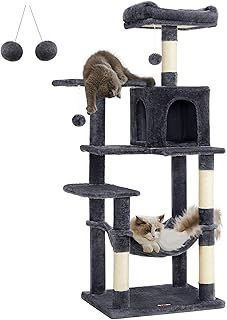 Feandrea Cat Tree, 143 cm Cat Tower for Indoor Cats, Multi-Level Plush Cat Condo with 4 Scratching Posts, 2 Perches, Cave, Hammock, Pompoms, Smoky Grey PCT161G01