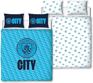 Manchester City FC Official Double Duvet Cover Set, Crestcol Design | Blue Reversible 2 Sided Football Bedding Cover Official Merchandise Including Matching Pillow Cases
