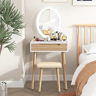YOURLITE Makeup Vanity Dressing Table Mirror Cosmetic Vanity Dressing Cabinet with Stool Dresser with LED Mirror, Wood Color, 1 Drawer
