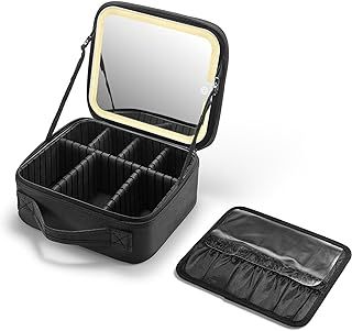 OWBIA Makeup Bag with LED Mirror, Cosmetic Organizer with Compartments, Oxford Fabric (Black, Small Size)