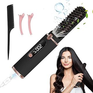 Cordless Hair Straightener Brush, 4500mAh USB Rechargeable Heated Straightening Comb, Portable Mini Negative Ion Hair Straightener Brush with 4 Temperature Settings for All Hair Types
