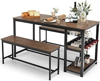 COSTWAY Dining Table Set with 2 Benches, Kitchen Table and Benches with Glass Holder, Wine Rack & Storage Shelf, 3 PCS Space-Saving Breakfast Dinette Table Furniture Set for 4 People
