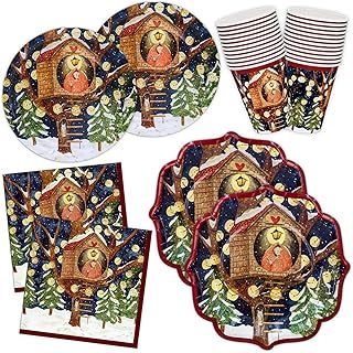 Christmas Paper Plates, Napkins, Paper Cups 96 Pieces Tableware Set Disposable | Tree House | for Party Table Decorations